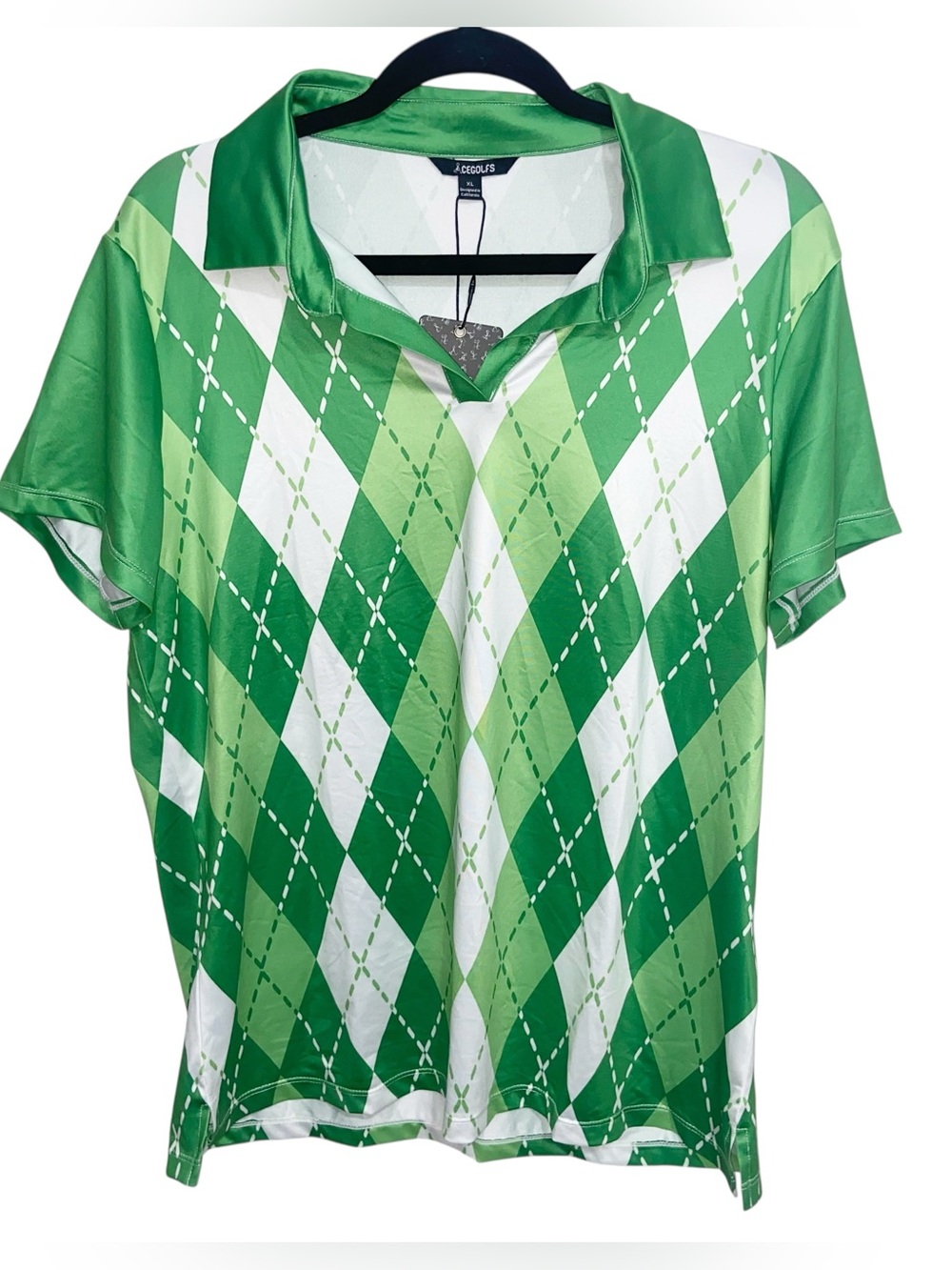 Acegolfs Shirt Womens XK Green Argyle Polo Top Golf Golfing Sports Pullover